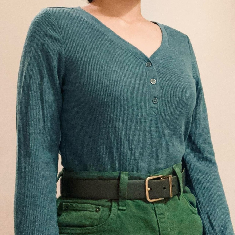Vintage Y2K Faded Glory Turquoise Teal Fitted Henley Waffle Knit Long Sleeve Top